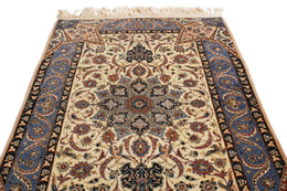 Vintage Isfahan 17Th Century Inspired Geometric Floral Beige And Blue Wool And Silk Persian Rug 15745