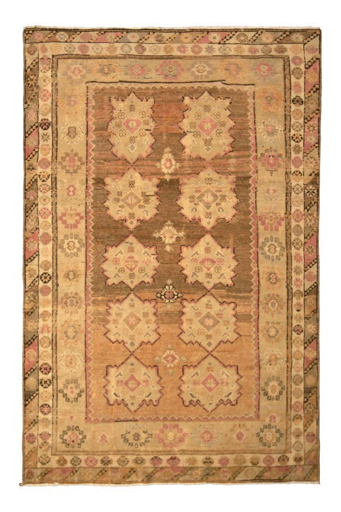 Hand Knotted Vintage Oushak Rug Beige Brown Peach Geometric Pattern 15747