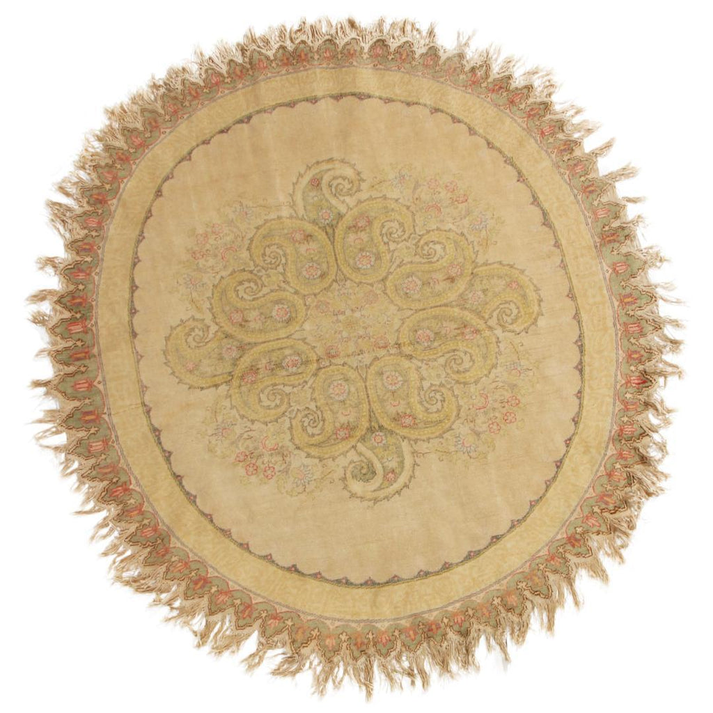 Vintage Hereke Beige Cream Oval Rug With Boteh Medallion Design 15748