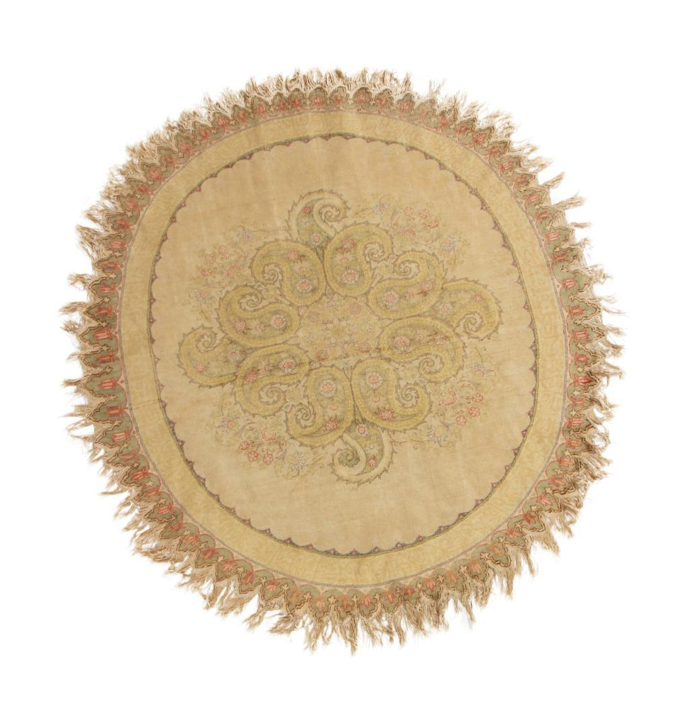 Vintage Hereke Beige Cream Oval Rug With Boteh Medallion Design 15748