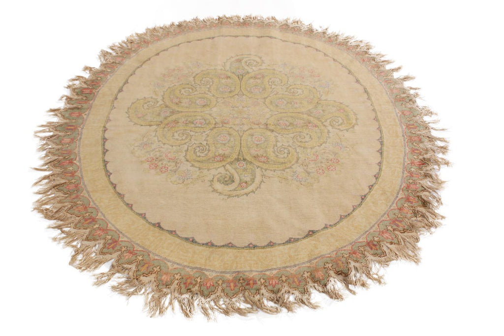 Vintage Hereke Beige Cream Oval Rug With Boteh Medallion Design 15748