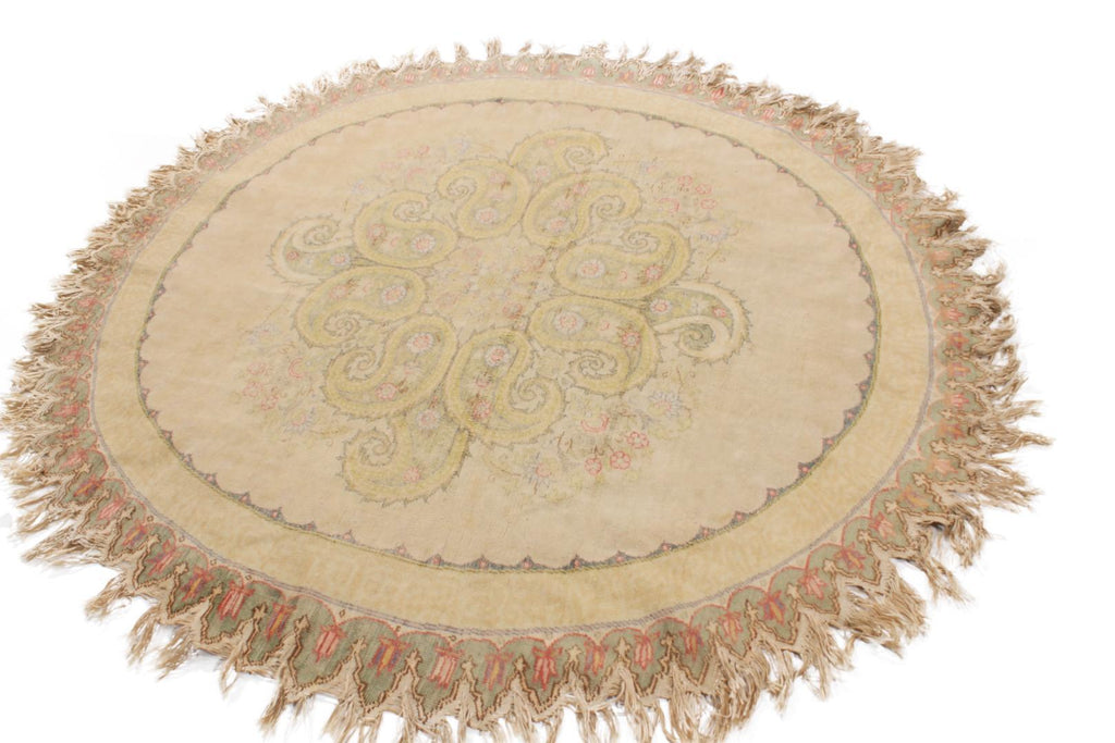 Vintage Hereke Beige Cream Oval Rug With Boteh Medallion Design 15748