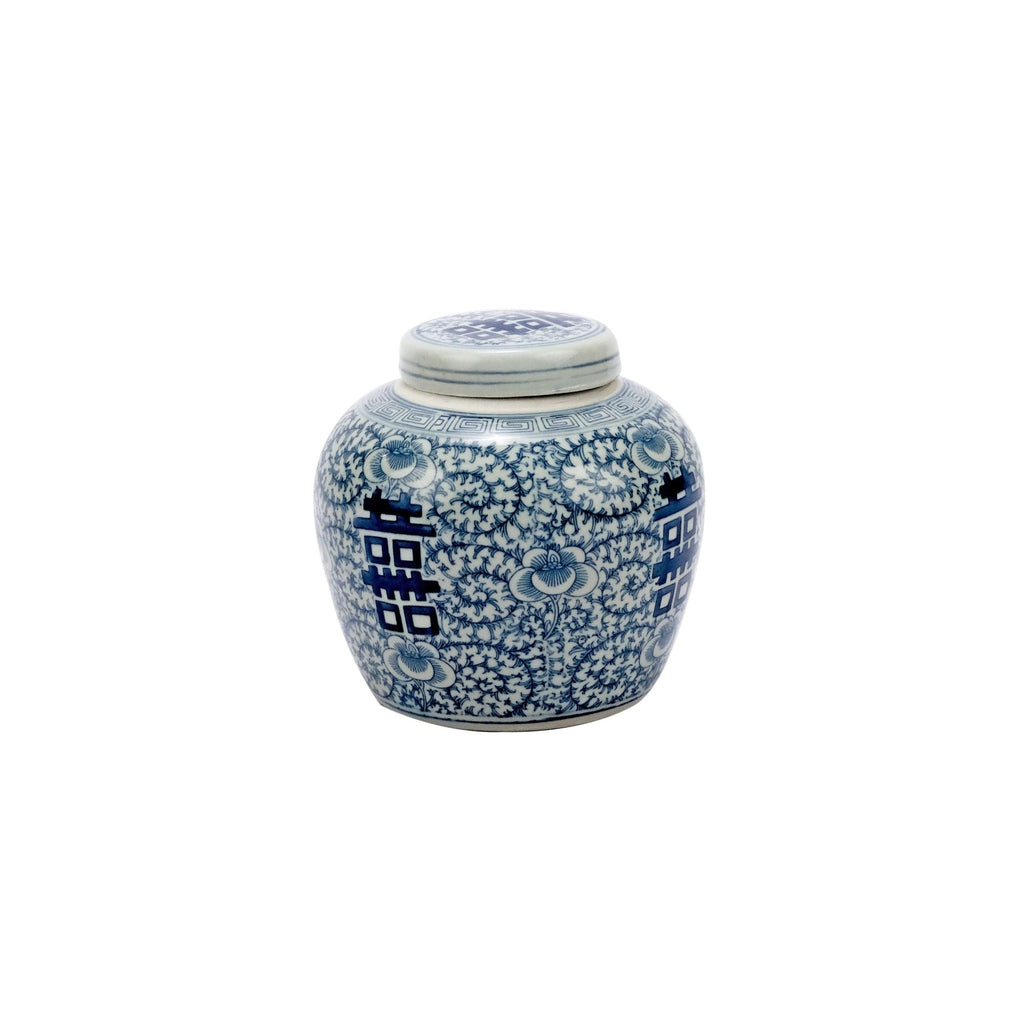 Blue and White Double Happiness Floral Lidded Jar