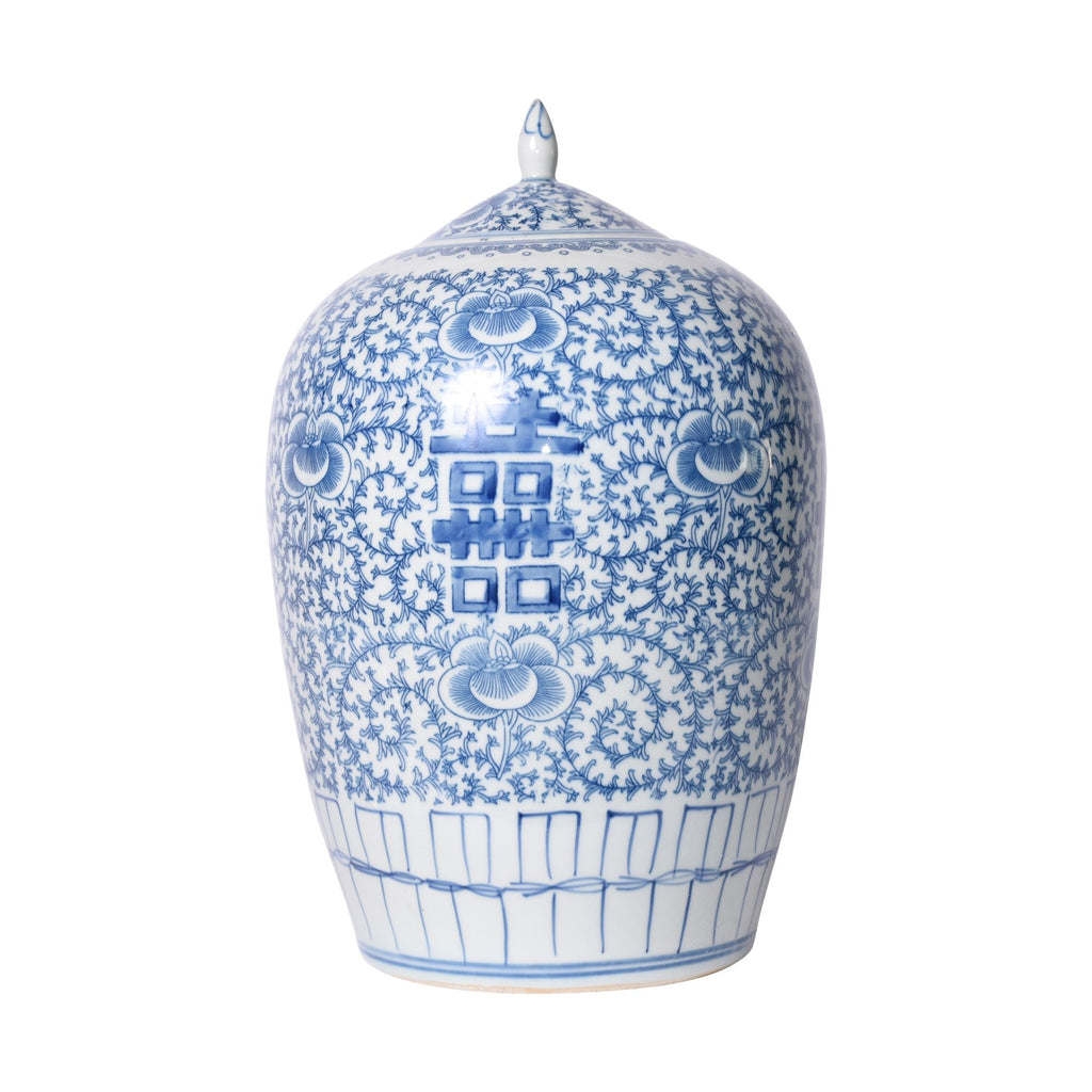 Blue and White Floral Double Happiness Ginger Jar