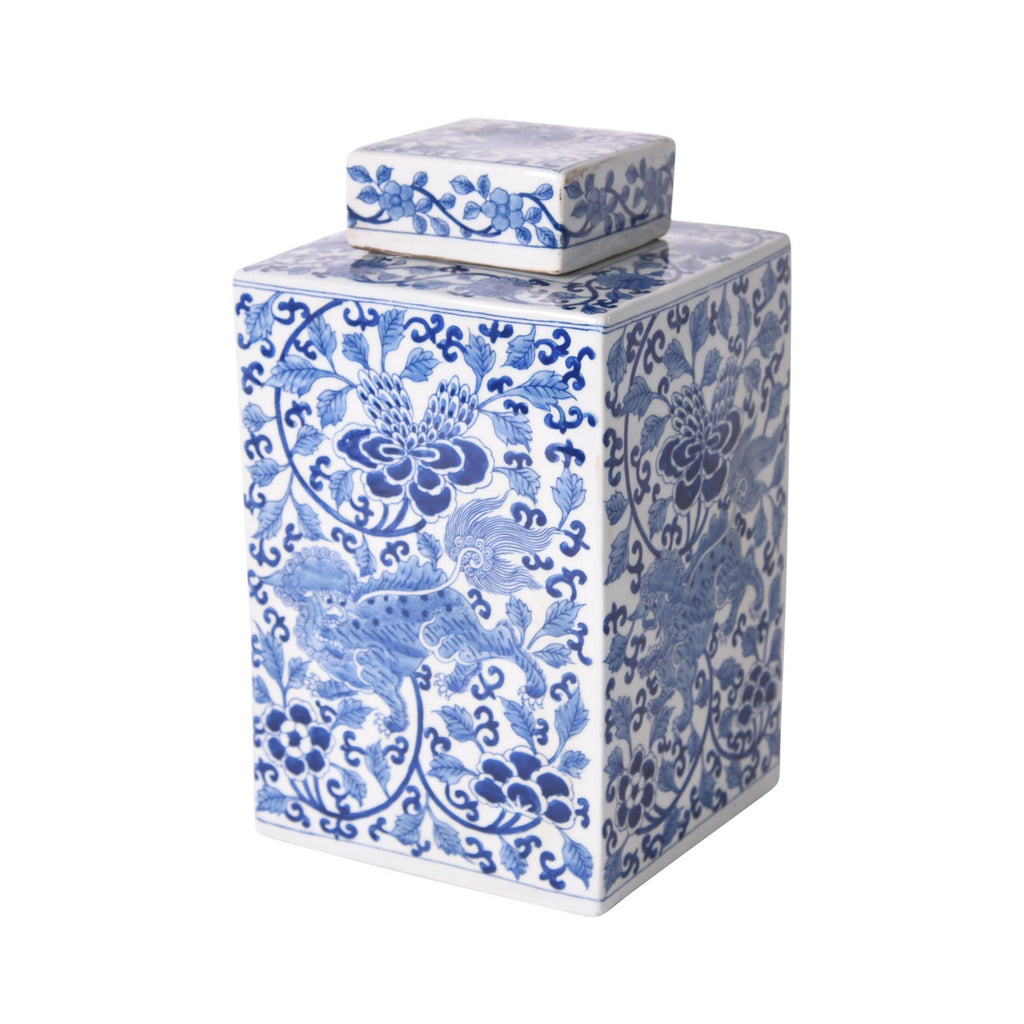 Blue and White Lion Floral Square Tea Jar