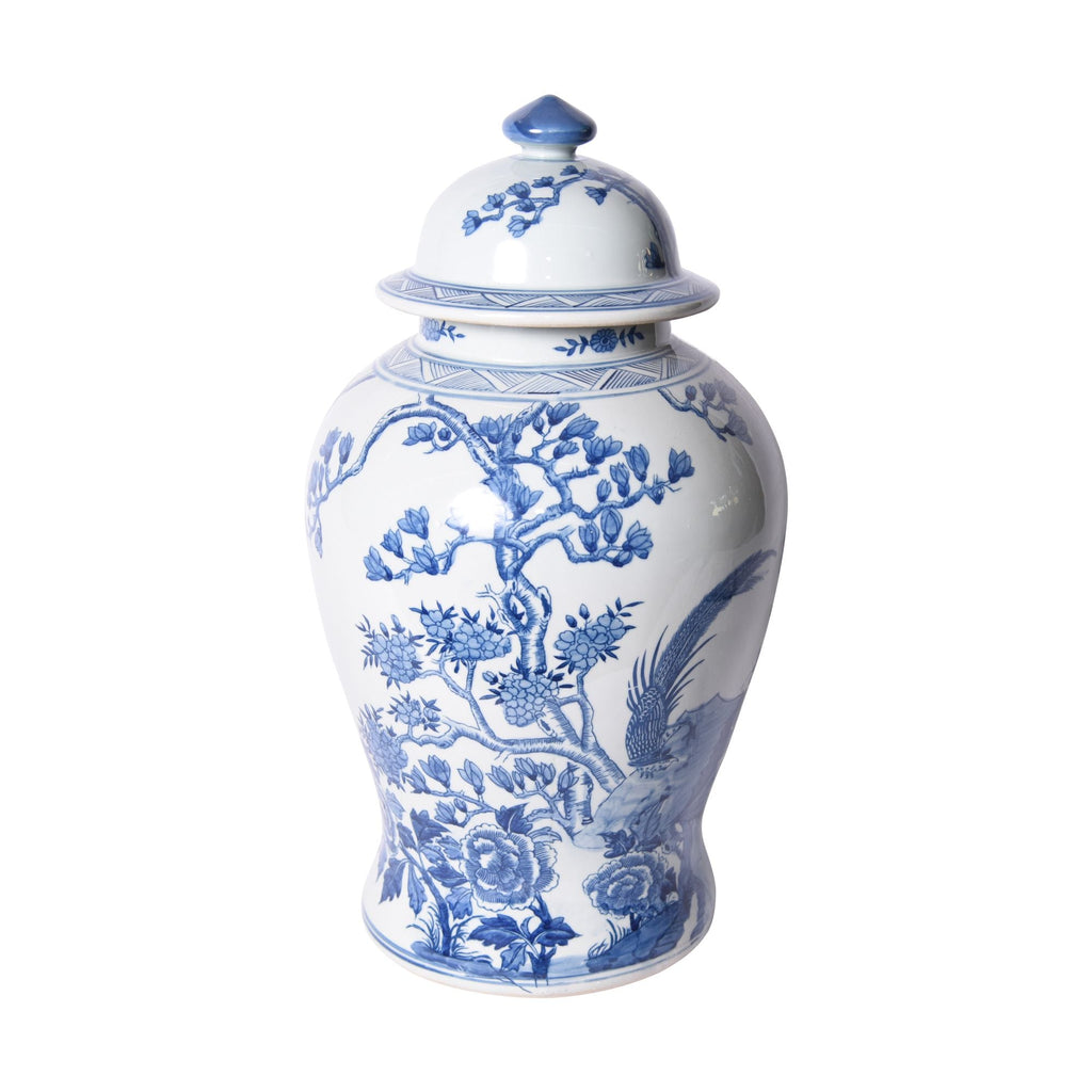 Blue and White Magnolia Pheasant Porcelain Temple Jar