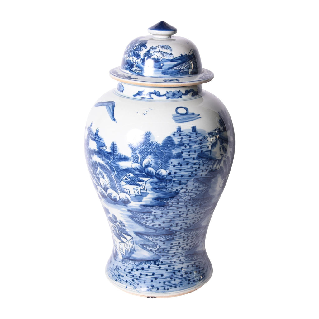 Blue and White Porcelain Temple Jar Landscape Motif