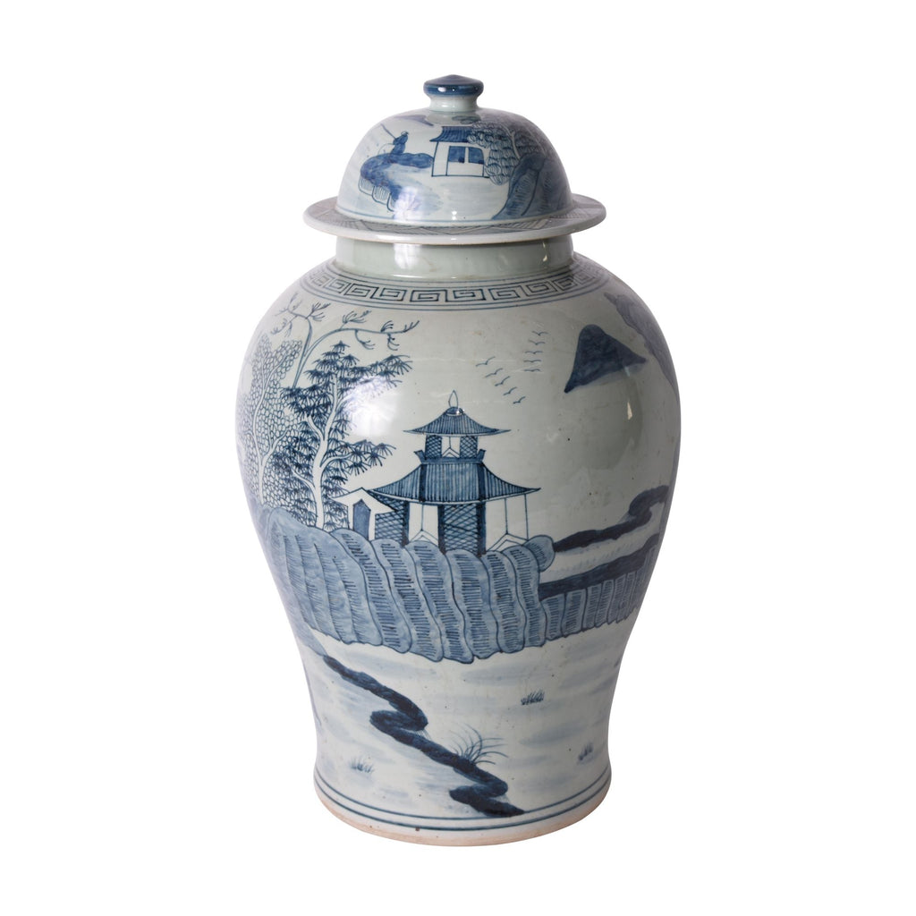 Blue And White Porcelain Temple Jar Pagoda Landscape Motif