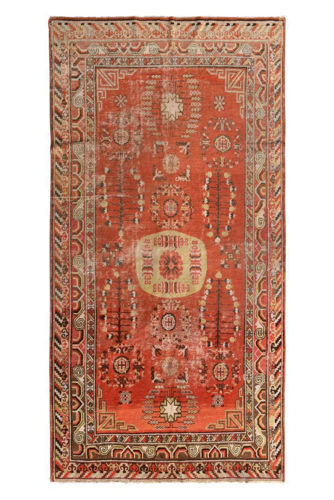 Mid Century Vintage Khotan Rug Red And Beige Brown Medallion All Over Pattern