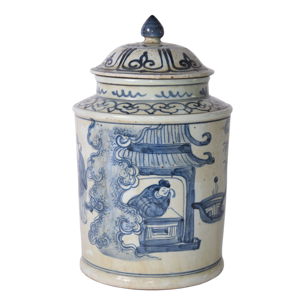 Blue And White Ancient People Lidded Jar