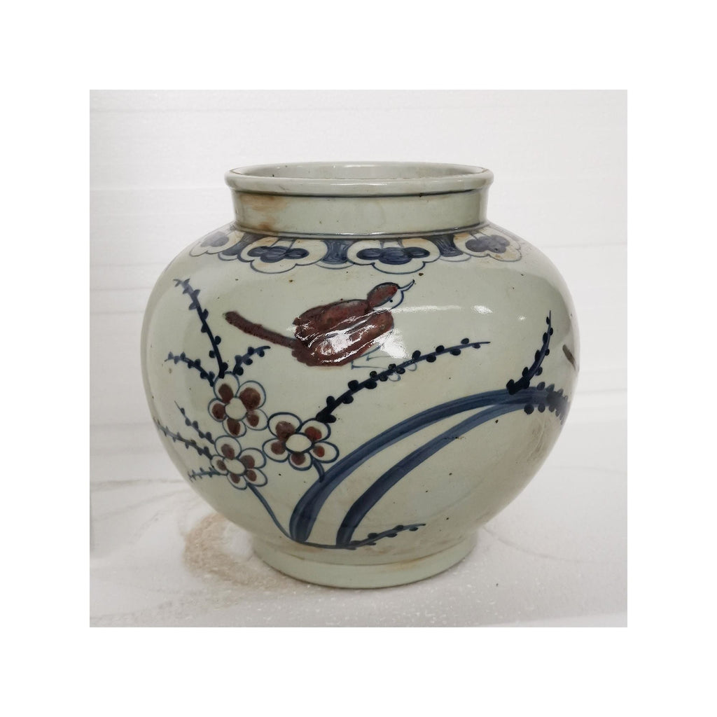 Blue And White Small Jar With Red Bird