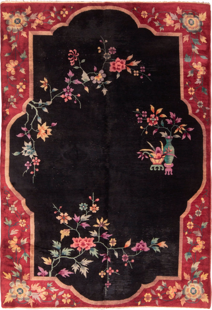 Vintage Chinese Deco Red And Black Wool Floral Rug - 16028