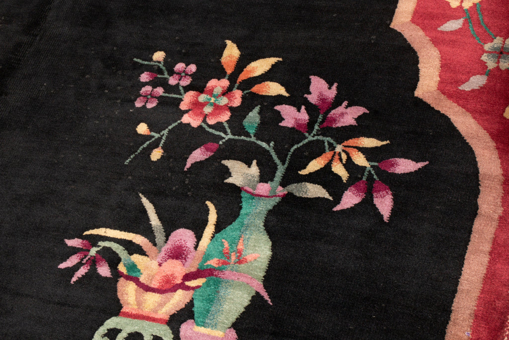 Vintage Chinese Deco Red And Black Wool Floral Rug - 16028