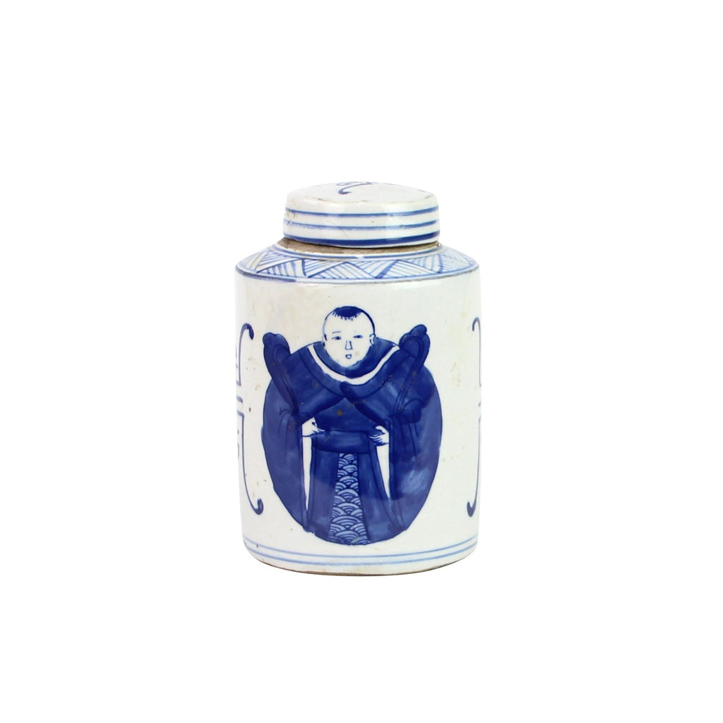 Blue And White Mini Tea Jar Ancient Scholar