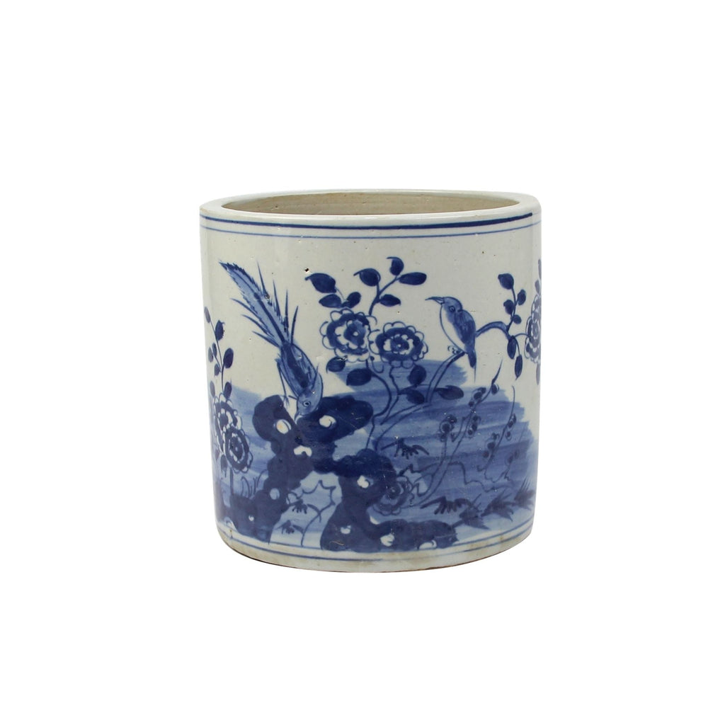 Blue And White Orchid Pot Bird Floral Motif