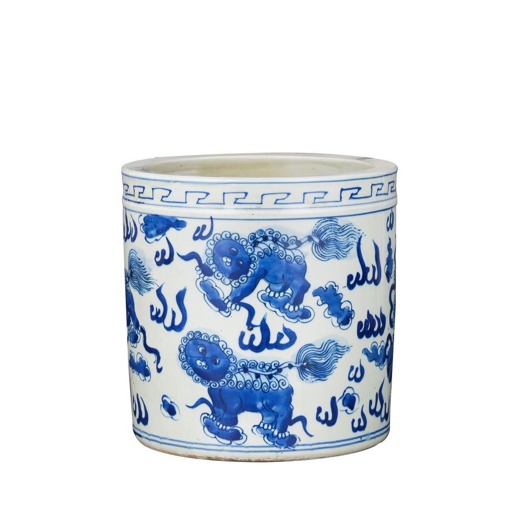 Blue And White Orchid Pot Foo Dog Motif