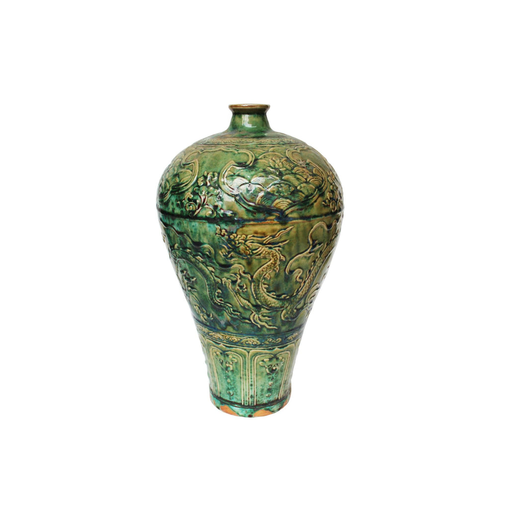Speckled Green Carved Dragon Plum Vase