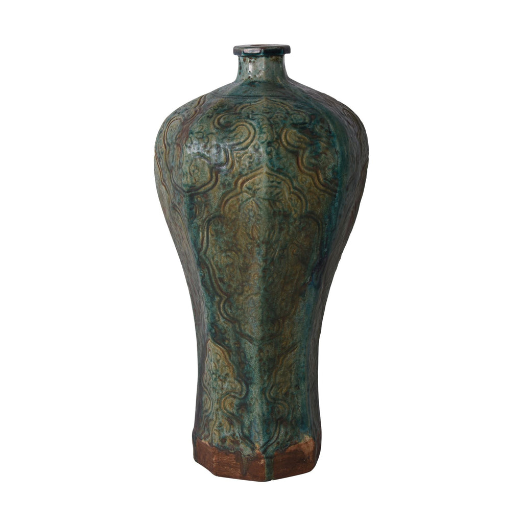 Speckled Green Octagonal Embossed Plum Vase