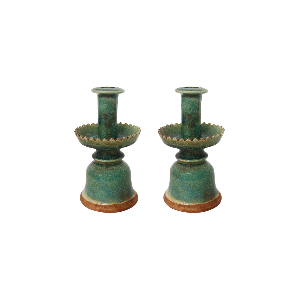 Pair of Speckled Green Candle Holders