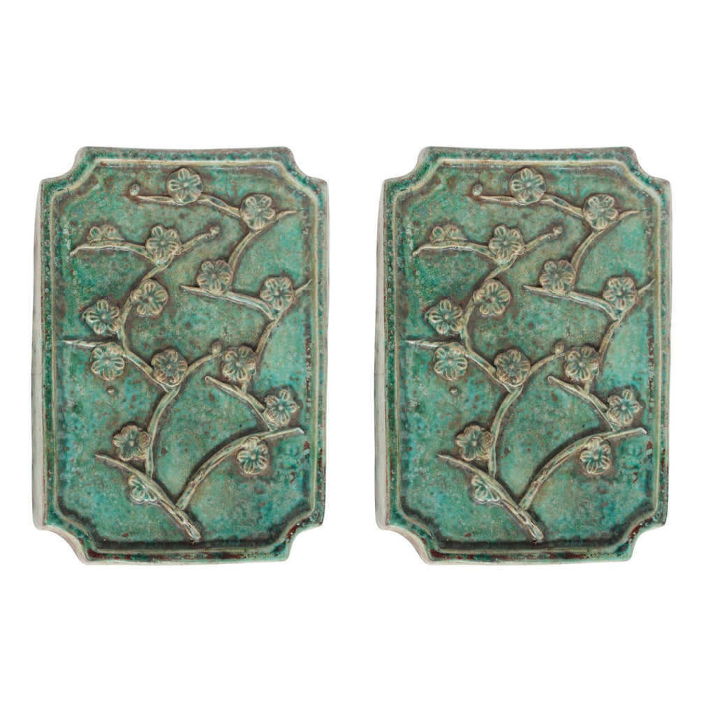 Pair of Speckled Green Plum Blossom Wall Plaques