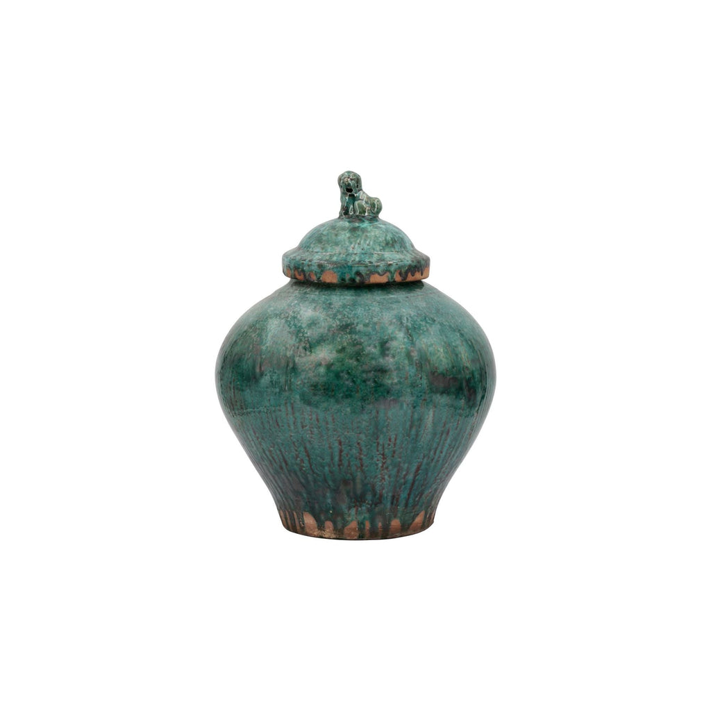 Vintage Emerald Green Porcelain Jar Lion Lid