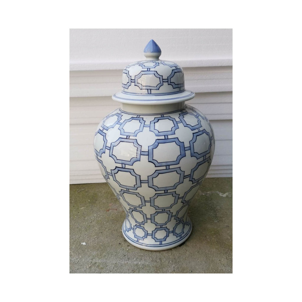 Blue And White Octagonal Window Temple Jar