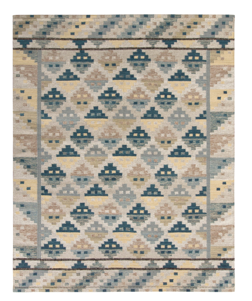 Scandanavian Style Kilim Rug In Blue And Beige Geometric Pattern - 17779