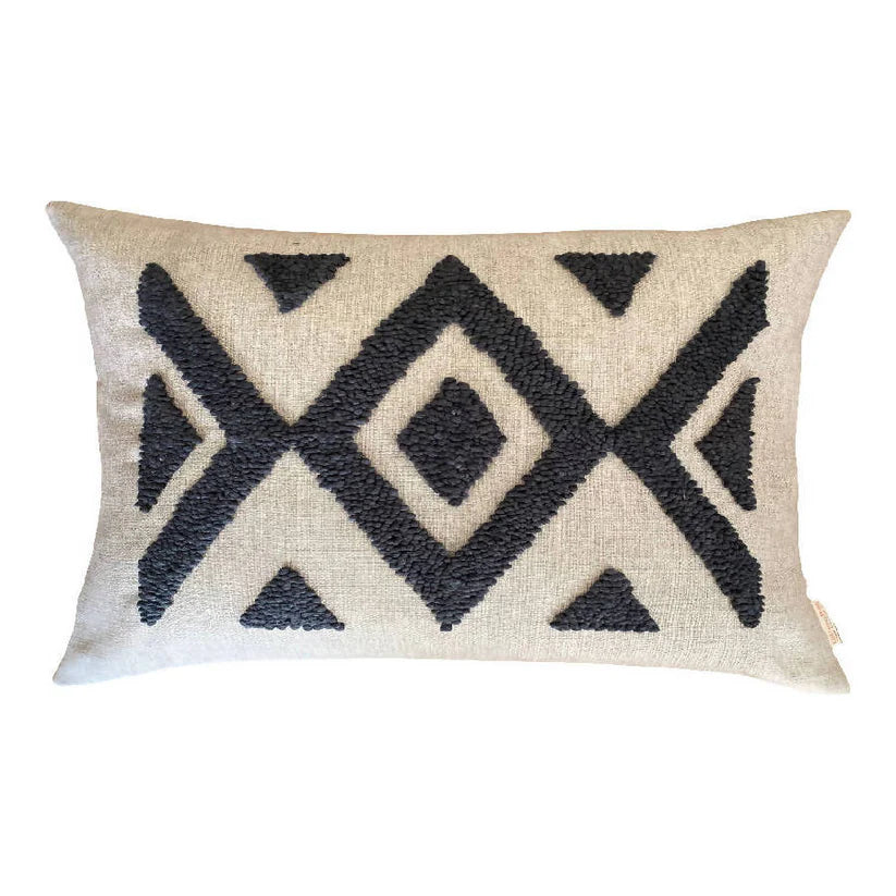 Punch Needle Ndebele Lumbar Pillow Pattern 2 Charcoal On Natural