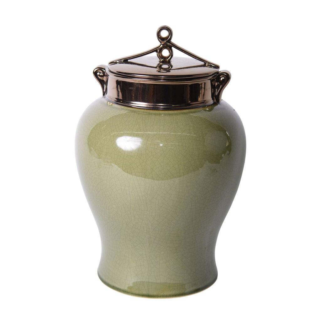 Green Crackle Jar With Bronze Glaze Lid Large