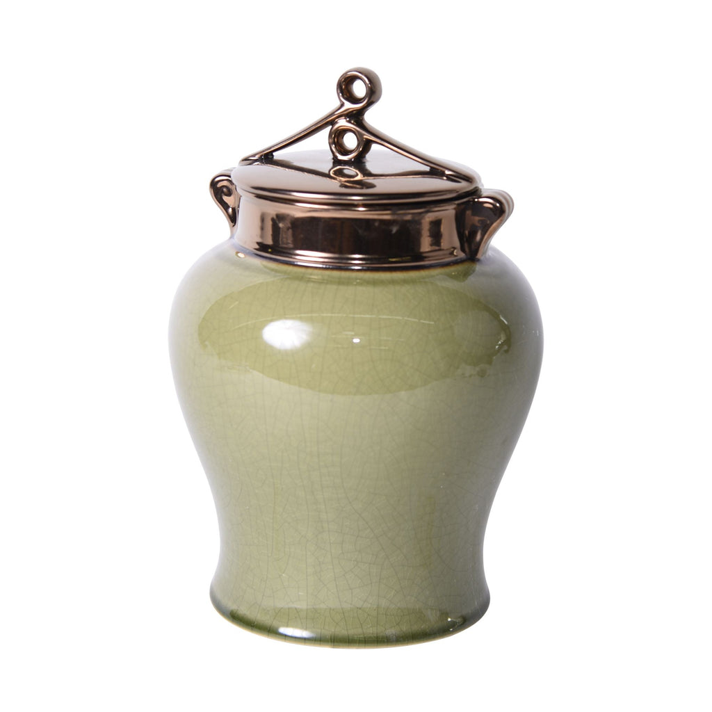 Green Crackle Jar With Bronze Glaze Lid Small