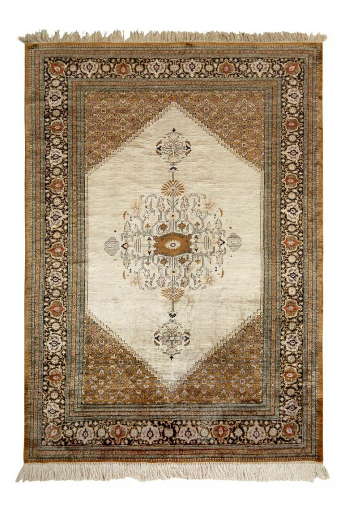 Hand Knotted Vintage Persian Qum Rug In Beige Brown Medallion Pattern