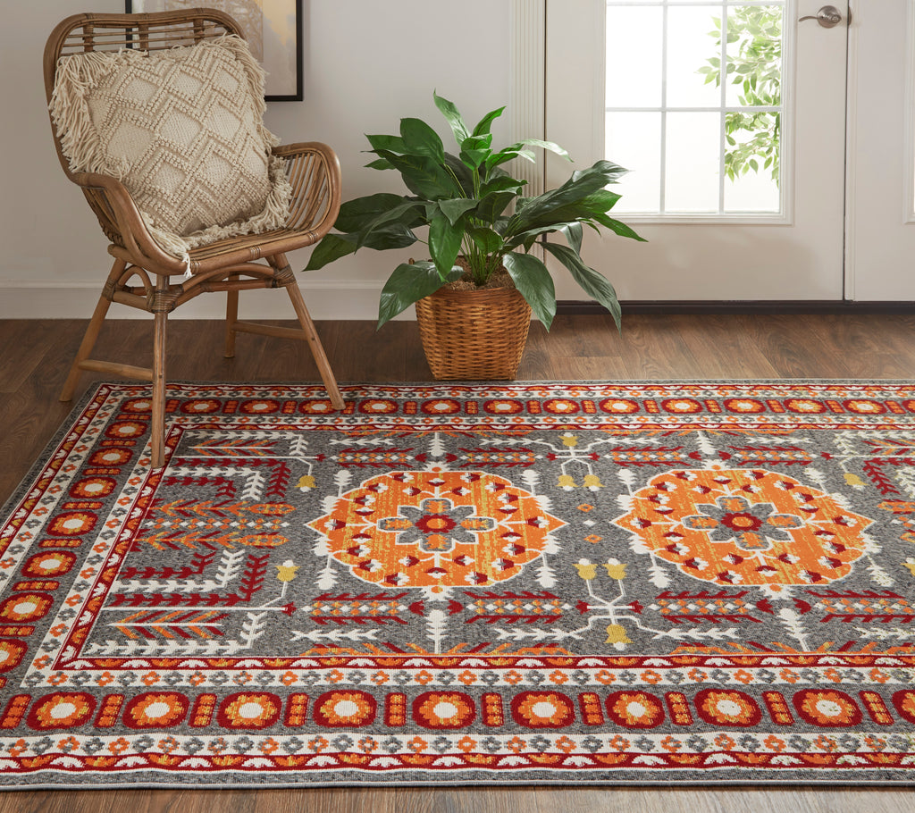 Foster Transitional Medallion Orange Gray Area Rug (5' x 8')