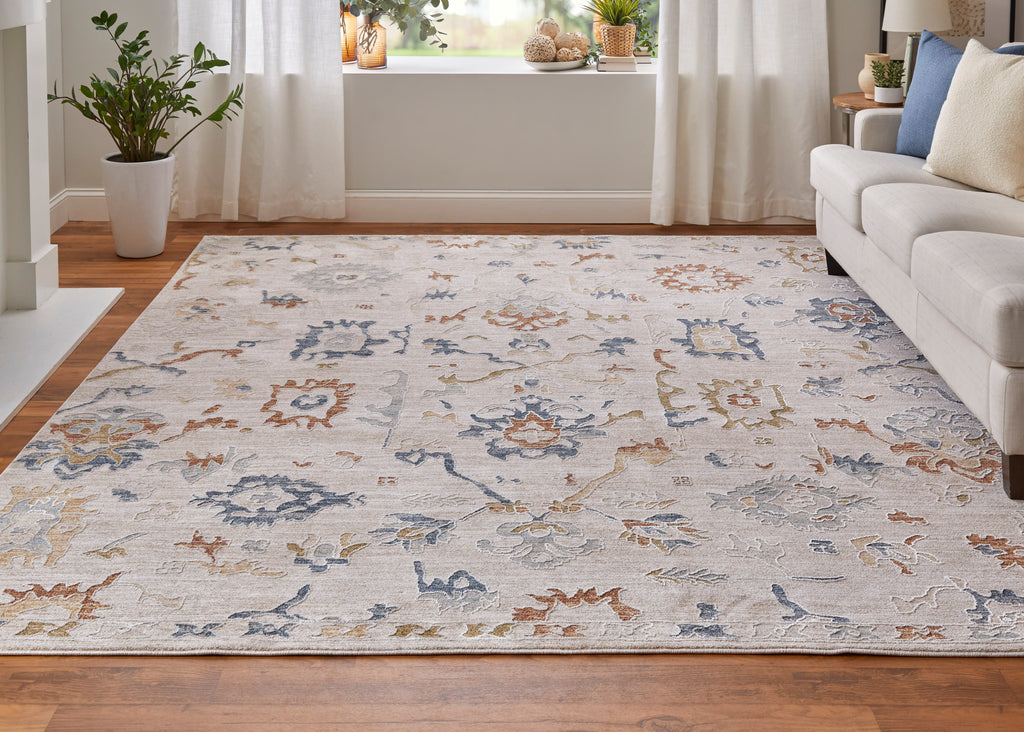 Pasha Transitional Floral Botanical Ivory Blue Gold Area Rug (9' x 12'8")