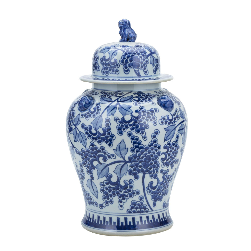 Blue and White Peony Temple Jar With Lion Handles