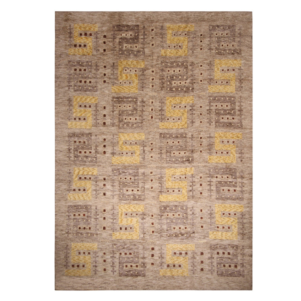 Scandinavian Style Geometric Beige-Gray And Yellow Wool Pile Rug - 19401