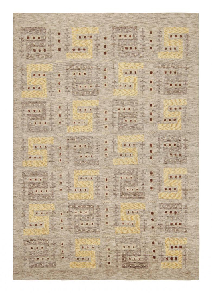 Scandinavian Rug with Beige-Grey and Yellow Patterns