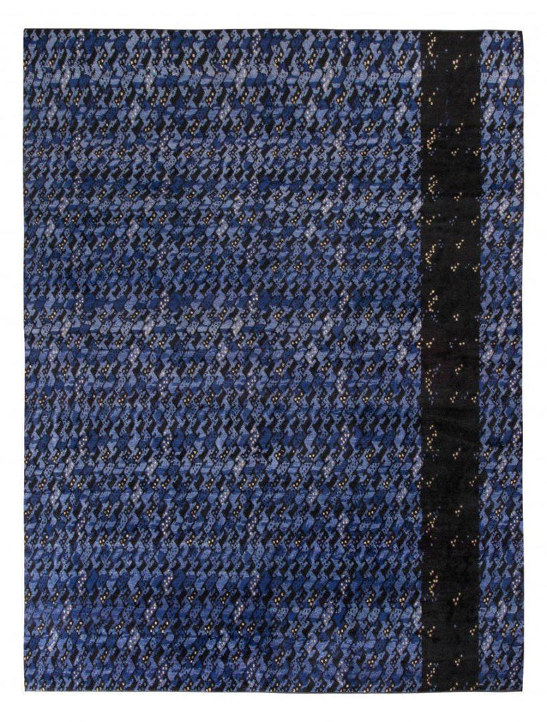 Scandinavian Rug in All Over Blue, Black Geometric Pattern