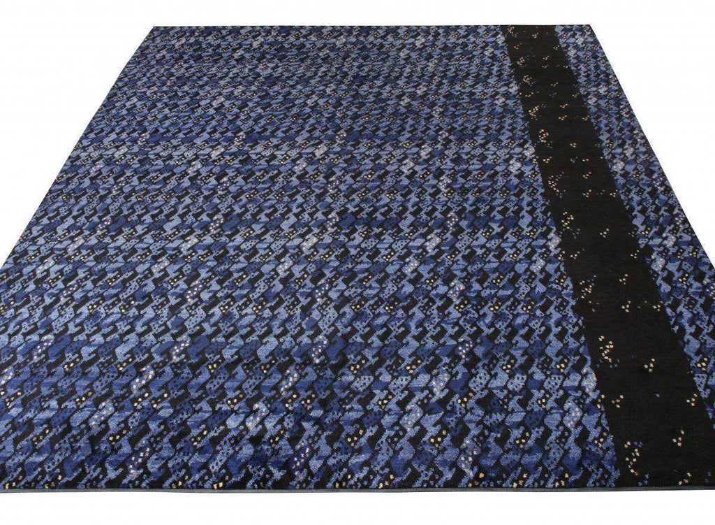 Scandinavian Rug in All Over Blue, Black Geometric Pattern