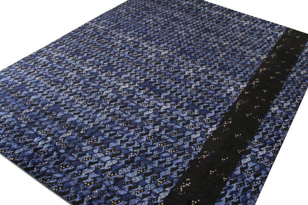 Scandinavian Rug in All Over Blue, Black Geometric Pattern