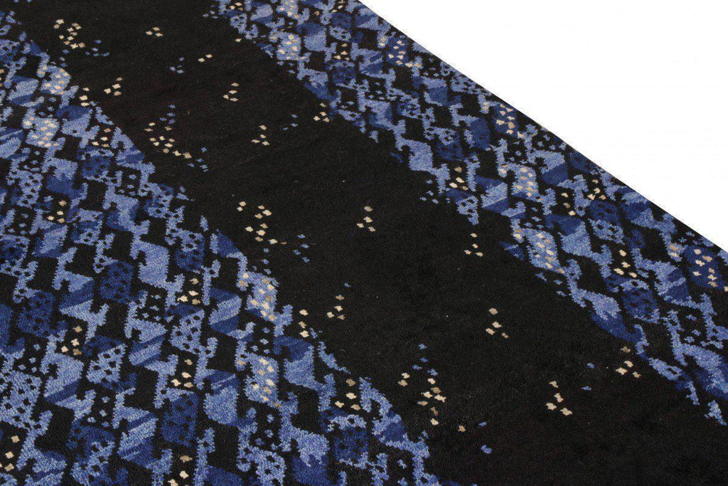 Scandinavian Rug in All Over Blue, Black Geometric Pattern