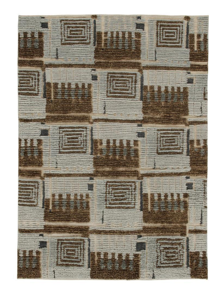 Scandinavian Rug With Brown And Blue Geometric Patterns