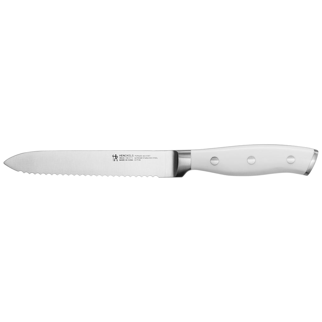 5" Serrated Utility Knife- White Handle Forged Accent