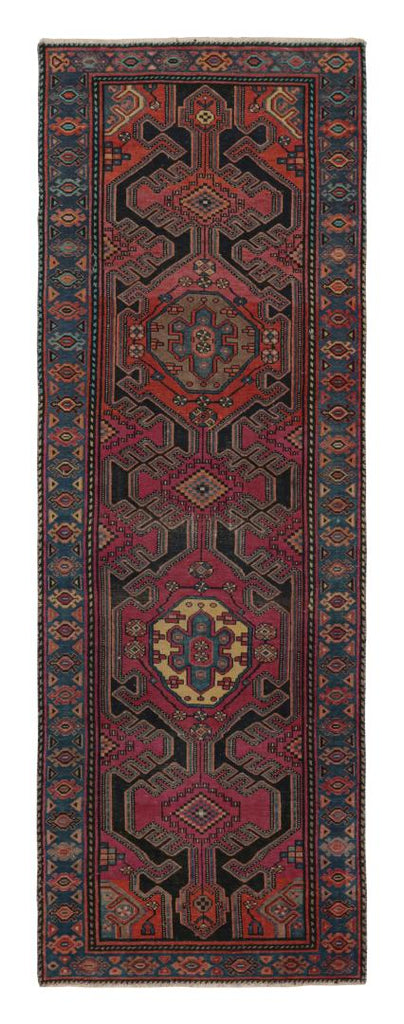 Vintage Mid Century Kazak Beige Brown And Red Wool Runner 19680