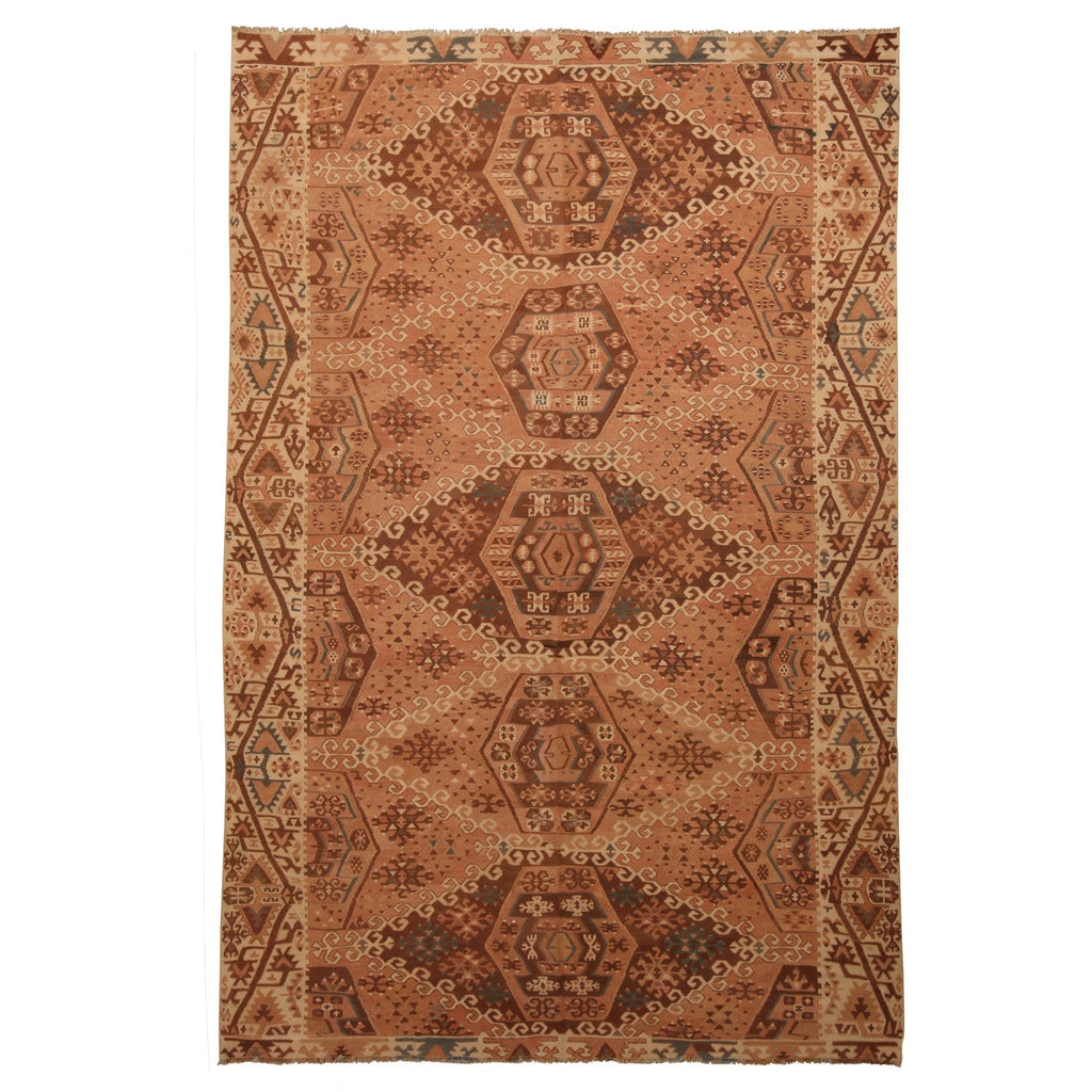 Vintage Mid-Century Kayseri Beige Brown And Rustic Pink Wool Kilim Rug - 19718