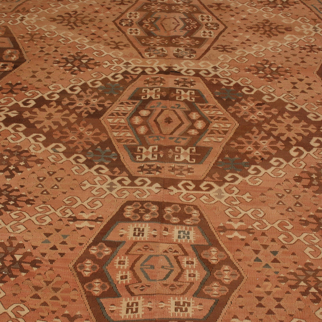 Vintage Mid-Century Kayseri Beige Brown And Rustic Pink Wool Kilim Rug - 19718