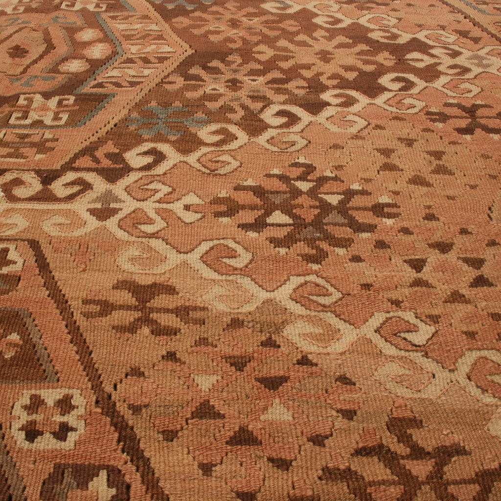 Vintage Mid-Century Kayseri Beige Brown And Rustic Pink Wool Kilim Rug - 19718