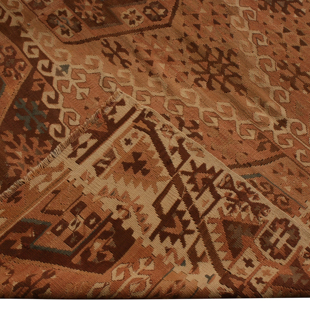 Vintage Mid-Century Kayseri Beige Brown And Rustic Pink Wool Kilim Rug - 19718
