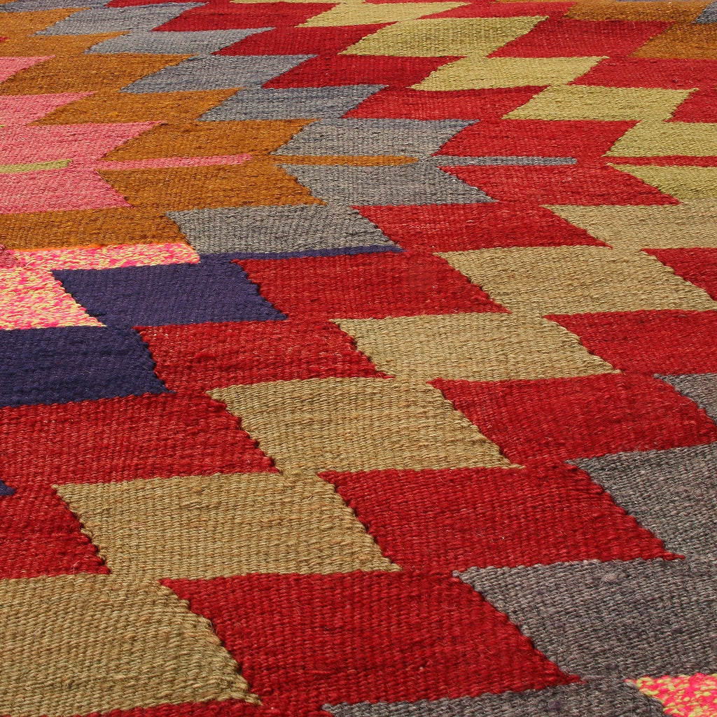 Vintage Mid-Century Geometric Multi-Color Wool Kilim Rug - 19787