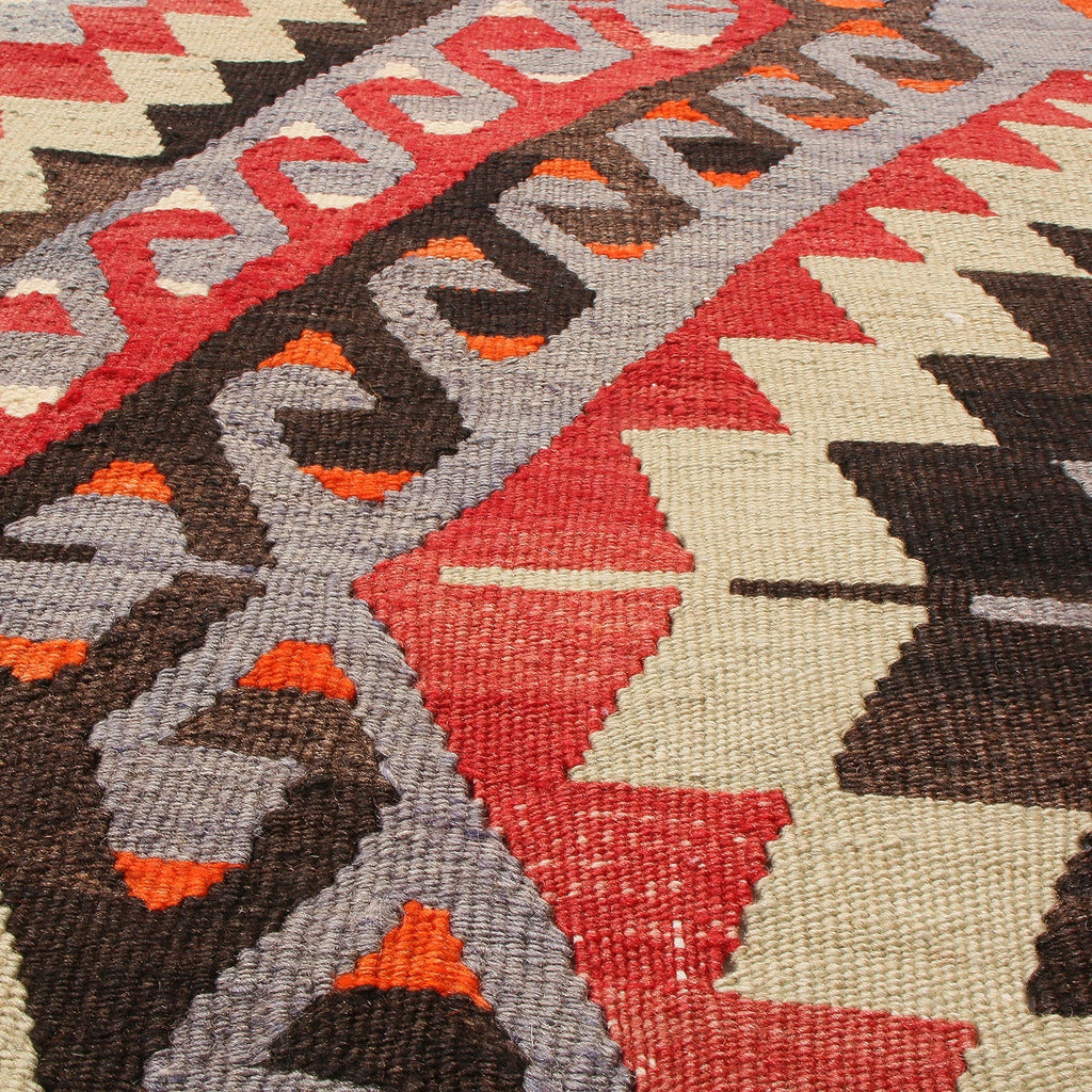 Vintage Mid-Century Geometric Black And Red Wool Kilim Rug - Blue Background - 19790