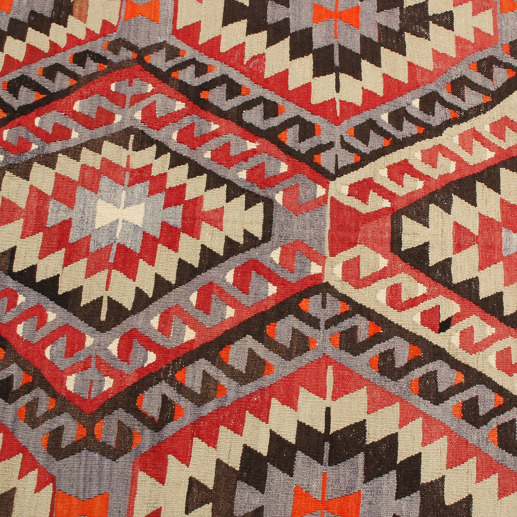 Vintage Mid-Century Geometric Black And Red Wool Kilim Rug - Blue Background - 19790